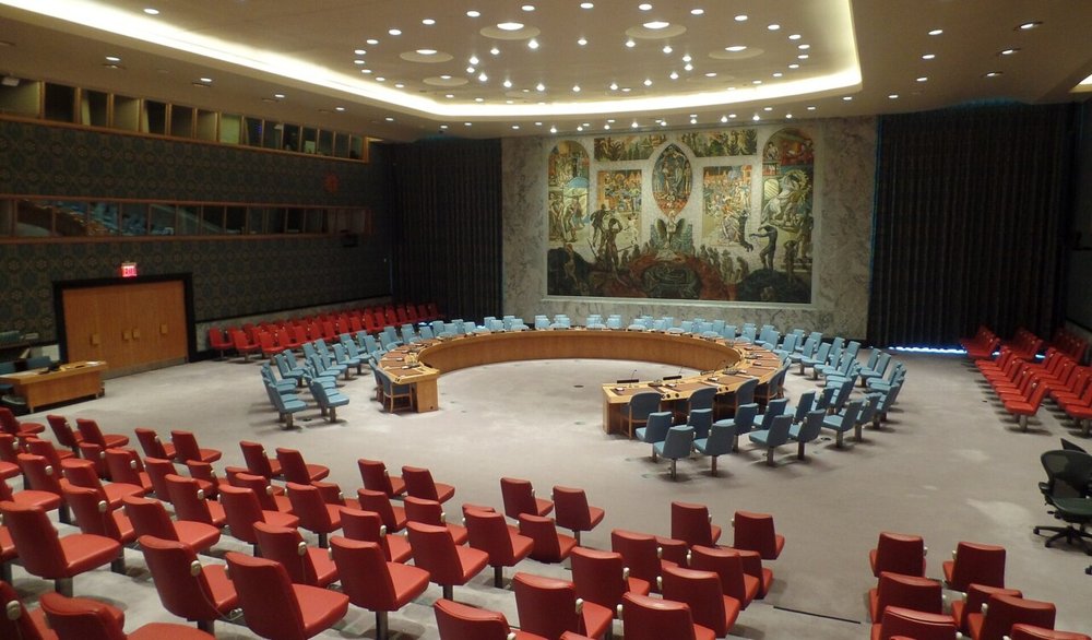 United Nations Security Council chamber representing international counter-terrorism cooperation