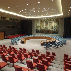 United Nations Security Council chamber representing international counter-terrorism cooperation