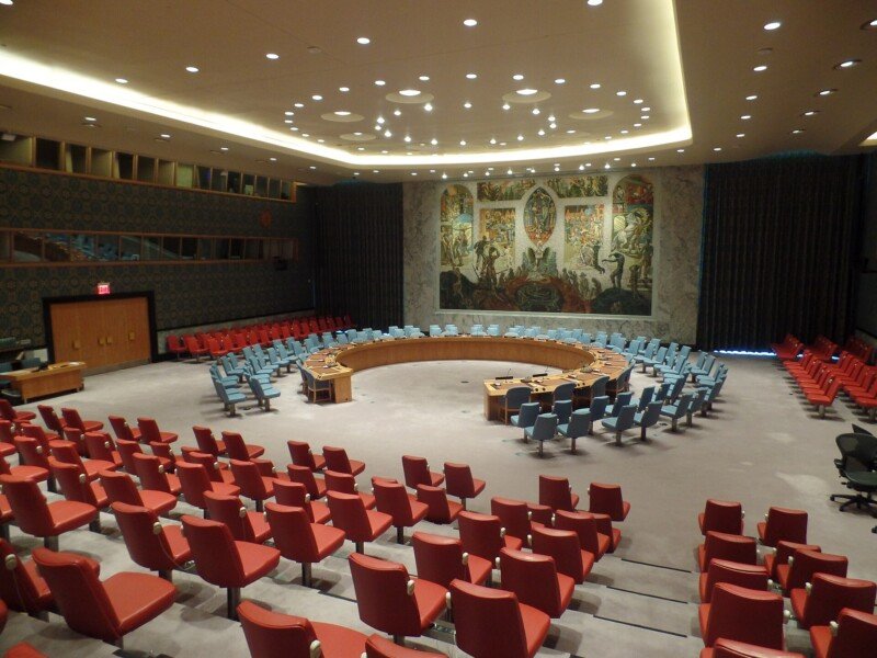 United Nations Security Council chamber representing international counter-terrorism cooperation