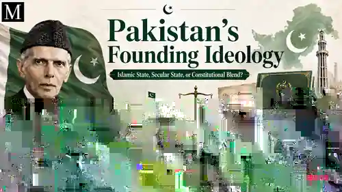 Pakistan’s founding ideology infographic showing Jinnah, the Lahore Resolution, the Objectives Resolution, the 1973 Constitution, and the balance between Islamic identity, democracy, minority rights, and citizenship