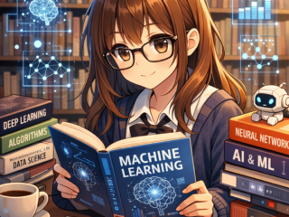 Anime girl studying machine learning in library